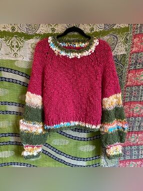 Handcrafted Chunky Knit Magenta/ Olive Green Sweater Medium Whimsical Bohemian